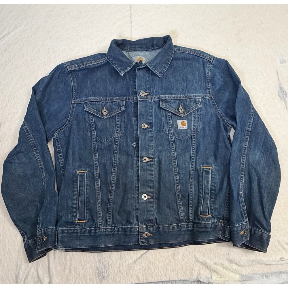 Carhartt Denim Jacket Large L Blue Trucker Workwear Cotton Distressed